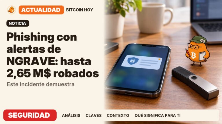 Pajarito, vestido de editor de redacción, junto al titular «Phishing suplanta alertas de NGRAVE». Las víctimas entregaron sus frases de recuperación y perdieron fondos de sus carteras. Actualidad · SEGURIDAD.