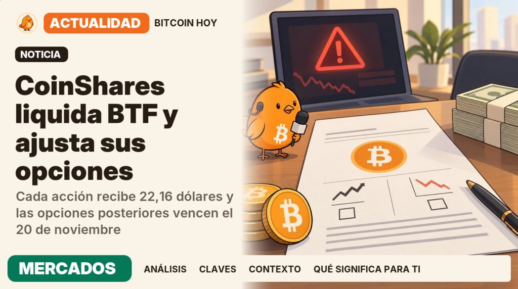 Pajarito, vestido de reportero de televisión, junto al titular «BTF fija el pago y adelanta opciones». Cada acción recibe 22,16 dólares y las opciones posteriores vencen el 20 de noviembre. Actualidad · MERCADOS.