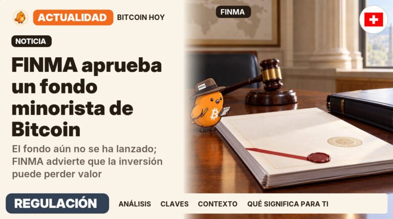 Pajarito, vestido de periodista clásico, junto al titular «FINMA aprueba un fondo minorista de Bitcoin». El fondo aún no se ha lanzado; FINMA advierte que la inversión puede perder valor. Actualidad · REGULACIÓN.