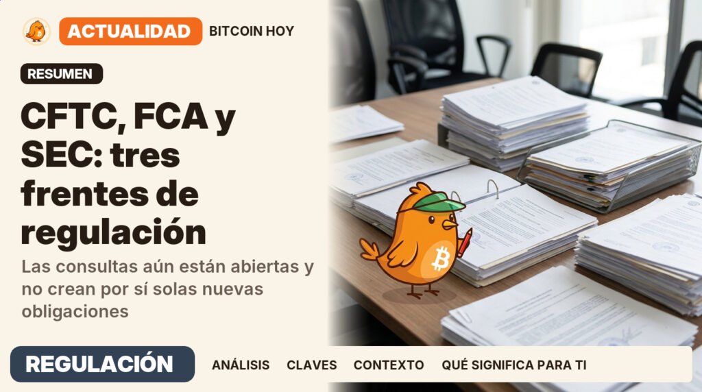 Pajarito, vestido de editor de redacción, junto al titular «CFTC y FCA plantean cambios para el sector cripto». Las consultas aún están abiertas y no crean por sí solas nuevas obligaciones. Actualidad · REGULACIÓN.
