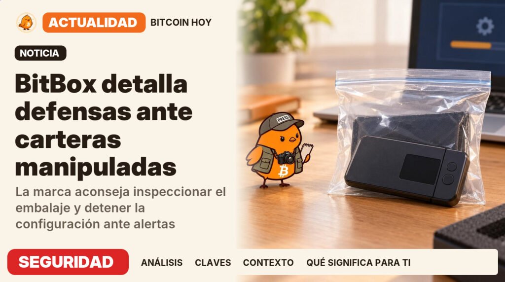 Pajarito, vestido de fotoperiodista, junto al titular «BitBox explica cómo revisa sus dispositivos». La marca aconseja inspeccionar el embalaje y detener la configuración ante alertas. Actualidad · SEGURIDAD.