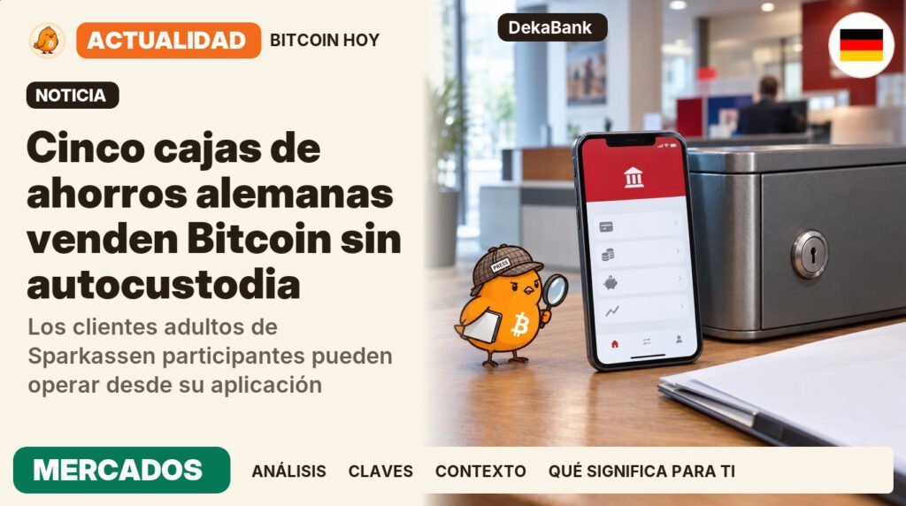 Pajarito, vestido de reportero de investigación, junto al titular «Deka habilita la compraventa de bitcoin». Los clientes adultos de Sparkassen participantes pueden operar desde su aplicación. Actualidad · MERCADOS.