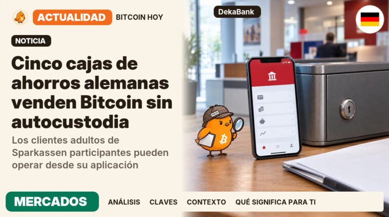 Pajarito, vestido de reportero de investigación, junto al titular «Deka habilita la compraventa de bitcoin». Los clientes adultos de Sparkassen participantes pueden operar desde su aplicación. Actualidad · MERCADOS.