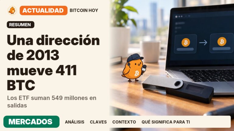 Pajarito, vestido de reportero de televisión, junto al titular «ETF de criptoactivos y una wallet mueven fondos». Los ETF suman salidas semanales y una wallet antigua traslada 411,45 BTC. Actualidad · MERCADOS.