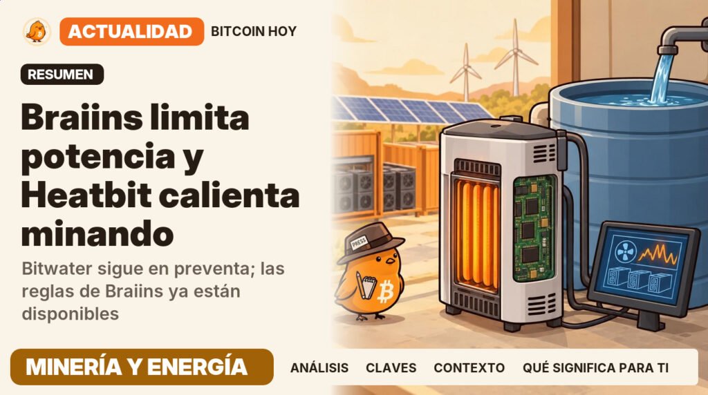 Pajarito, vestido de periodista clásico, junto al titular «Braiins automatiza y Heatbit calienta minando». Bitwater sigue en preventa; las reglas de Braiins ya están disponibles. Actualidad · MINERÍA Y ENERGÍA.