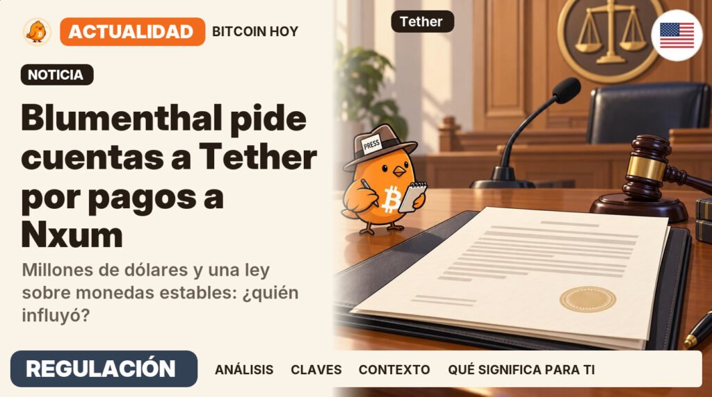 Pajarito, vestido de periodista clásico, junto al titular «Blumenthal investiga pagos de Tether a Nxum». El senador dio a Tether y a Nxum hasta el 3 de noviembre para responder. Actualidad · REGULACIÓN.