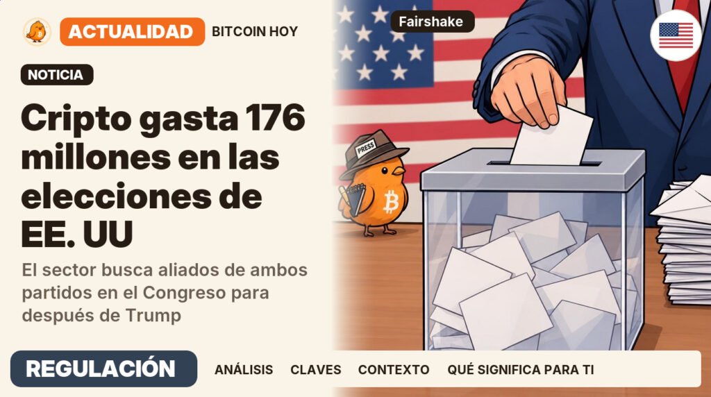 Pajarito, vestido de periodista clásico, junto al titular «Cripto gasta 176 millones en las elecciones de EE. UU». El sector busca aliados de ambos partidos en el Congreso para después de Trump. Actualidad · REGULACIÓN.
