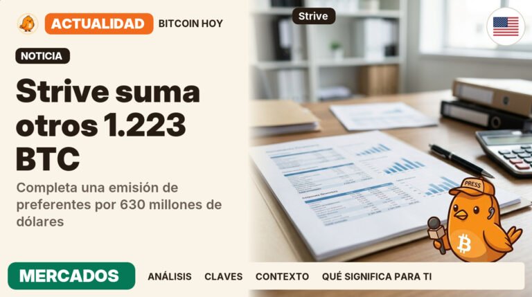 Pajarito, vestido de reportero de televisión, junto al titular «Strive suma 4.045 bitcoins a sus reservas». La compra se financió con 369,2 millones de dólares obtenidos al ejercer warrants. Actualidad · MERCADOS.