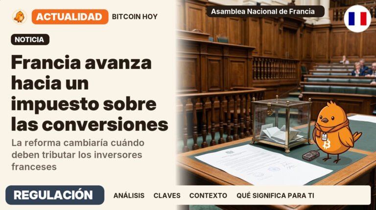 Pajarito, vestido de corresponsal de calle, junto al titular «Francia vota un impuesto a conversiones cripto». La medida alcanzaría a residentes fiscales que inviertan de forma privada en Francia. Actualidad · REGULACIÓN.