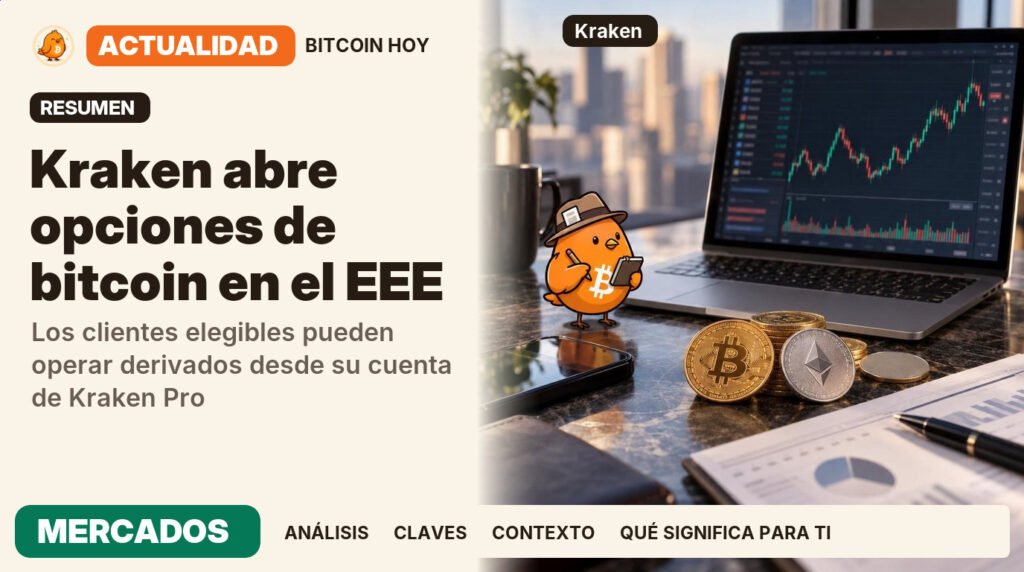 Pajarito, vestido de periodista clásico, junto al titular «Kraken abre opciones de bitcoin en el EEE». Los clientes elegibles pueden operar derivados desde su cuenta de Kraken Pro. Actualidad · MERCADOS.