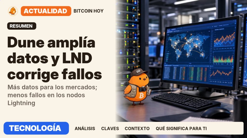 Pajarito, vestido de fotoperiodista, junto al titular «Dune y LND amplían sus herramientas de infraestructura». LND sigue en beta y los feeds de Dune ya los usan clientes institucionales. Actualidad · TECNOLOGÍA.
