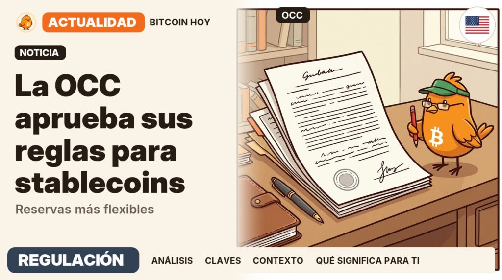 Pajarito, vestido de editor de redacción, junto al titular «La OCC finaliza reglas para stablecoins». Los emisores bajo su jurisdicción deberán cumplirlas desde el 18 de enero de 2027. Actualidad · REGULACIÓN.