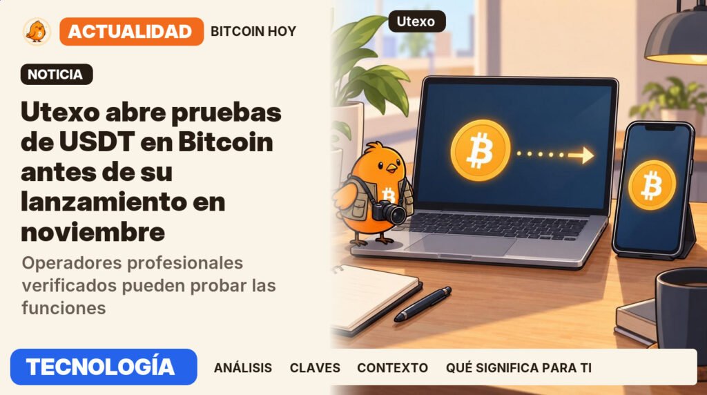 Pajarito, vestido de fotoperiodista, junto al titular «Utexo abre pruebas de USDT en Bitcoin». Operadores profesionales verificados pueden probar las funciones. Actualidad · TECNOLOGÍA.