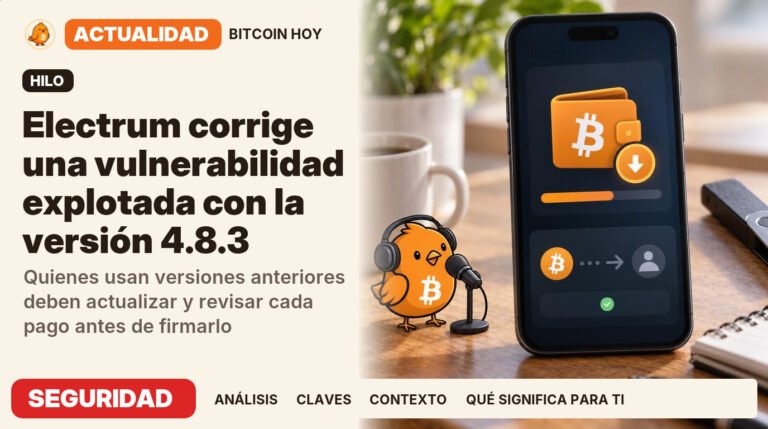 Pajarito, vestido de locutor de radio, junto al titular «Electrum corrige un fallo en su cartera». Quienes usan versiones anteriores deben actualizar y revisar cada pago antes de firmarlo. Actualidad · SEGURIDAD.