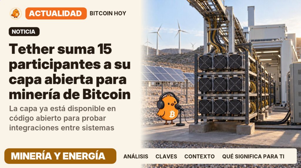 Pajarito, vestido de locutor de radio, junto al titular «Tether reúne a 15 empresas mineras en MDK». La capa ya está disponible en código abierto para probar integraciones entre sistemas. Actualidad · MINERÍA Y ENERGÍA.