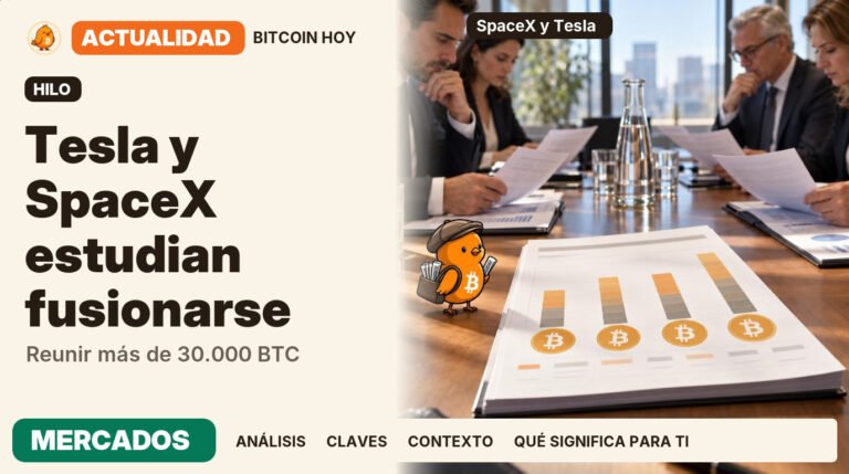 Pajarito, vestido de repartidor de periódicos, junto al titular «SpaceX y Tesla estudian unir sus reservas de bitcoin». Los comités independientes aún no han acordado los términos de la operación. Actualidad · MERCADOS.