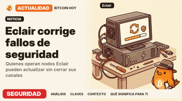 Pajarito, vestido de periodista clásico, junto al titular «Eclair corrige fallos de seguridad». Quienes operan nodos Eclair pueden actualizar sin cerrar sus canales. Actualidad · SEGURIDAD.