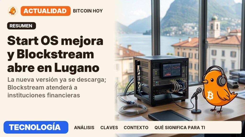 Pajarito, vestido de locutor de radio, junto al titular «Start OS mejora y Blockstream abre en Lugano». La nueva versión ya se descarga; Blockstream atenderá a instituciones financieras. Actualidad · TECNOLOGÍA.