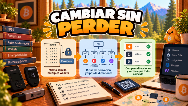 Ilustración de Pajarito sobre recuperar una wallet Bitcoin con otro software comprobando sus direcciones.