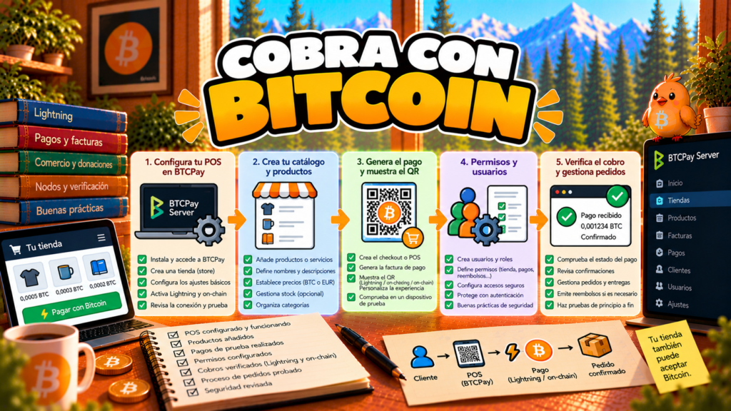 Pajarito explica cómo preparar un punto de venta para cobrar con Bitcoin utilizando BTCPay Server.