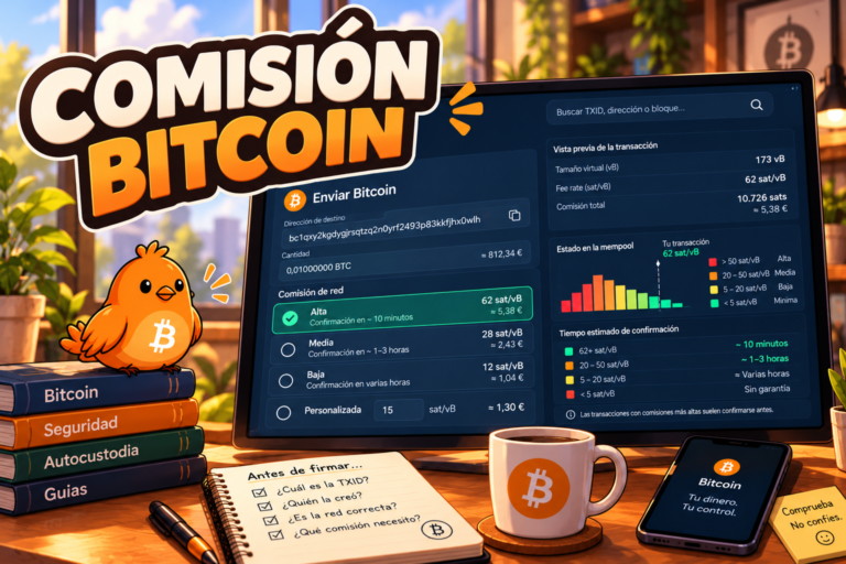 Pajarito explica cómo comparar las comisiones de una transacción Bitcoin.