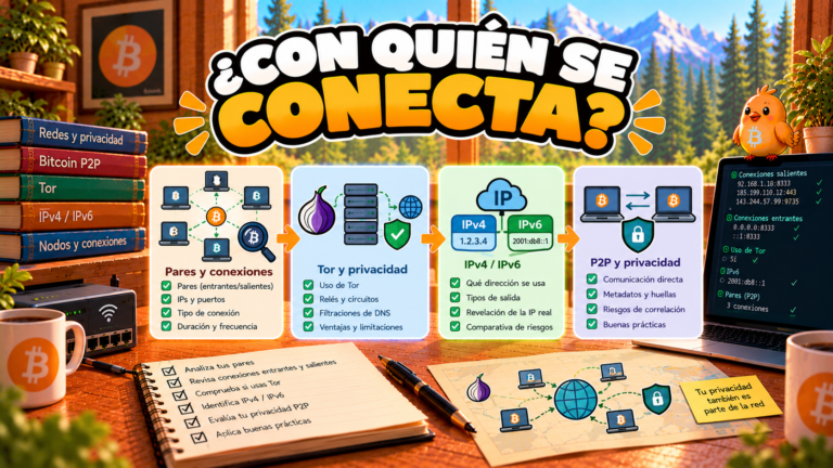 Pajarito explica cómo revisar los pares y las conexiones de red de un nodo Bitcoin.