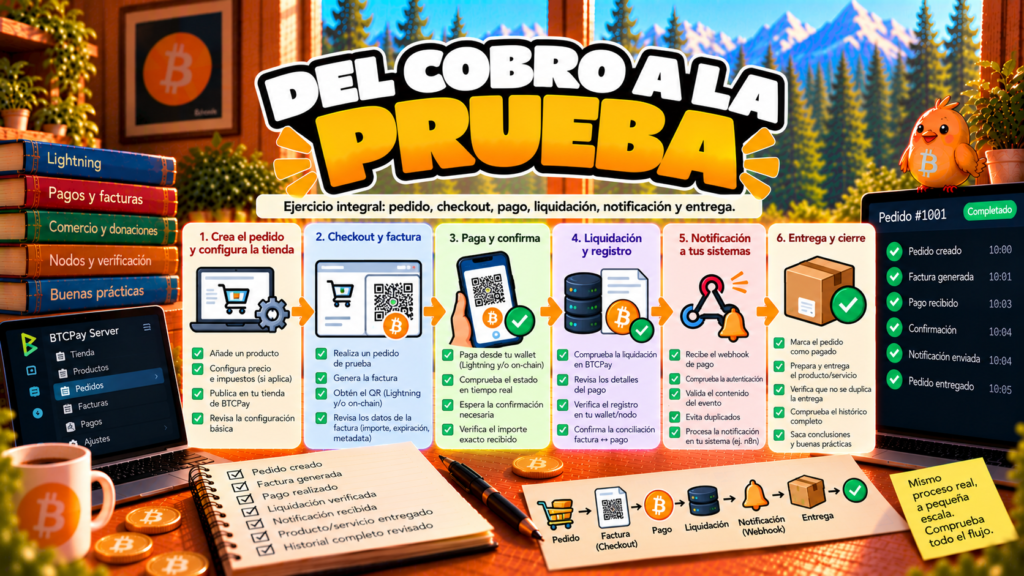 Ilustración educativa de Pajarito sobre el proceso de comprobar un cobro Bitcoin de principio a fin.
