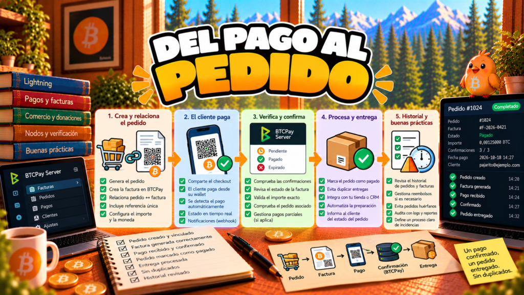 Ilustración de Pajarito sobre la conciliación de cobros Bitcoin y Lightning con pedidos.