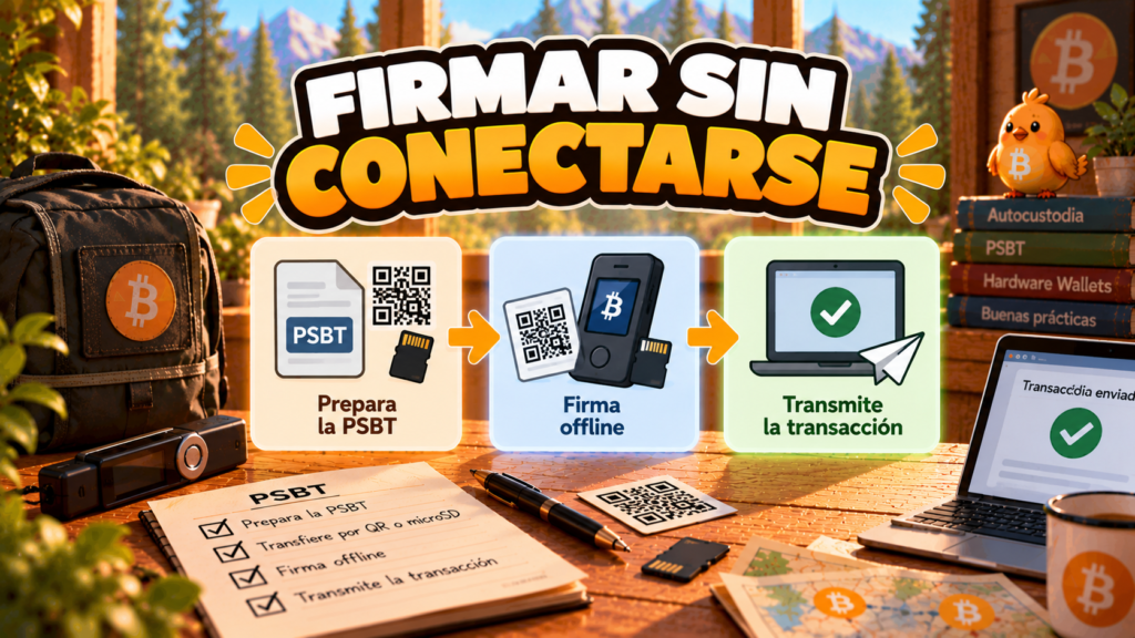 Ilustración de Pajarito sobre el intercambio de una PSBT y su firma offline en Bitcoin.