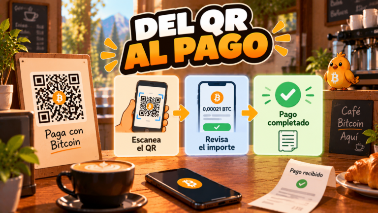 Pajarito explica cómo pagar con Bitcoin en un comercio desde el QR hasta el recibo.