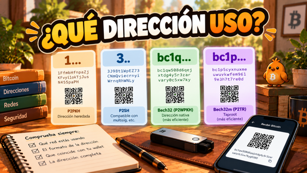 Ilustración de Pajarito sobre los tipos de direcciones Bitcoin y cómo verificarlas.