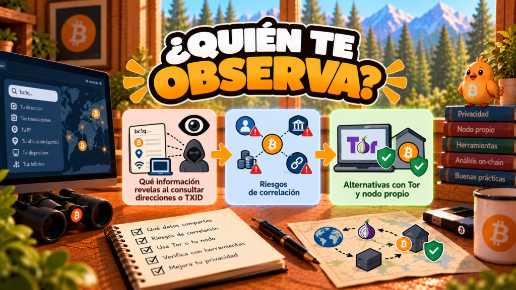Ilustración de Pajarito sobre quién puede observar las consultas a direcciones Bitcoin.