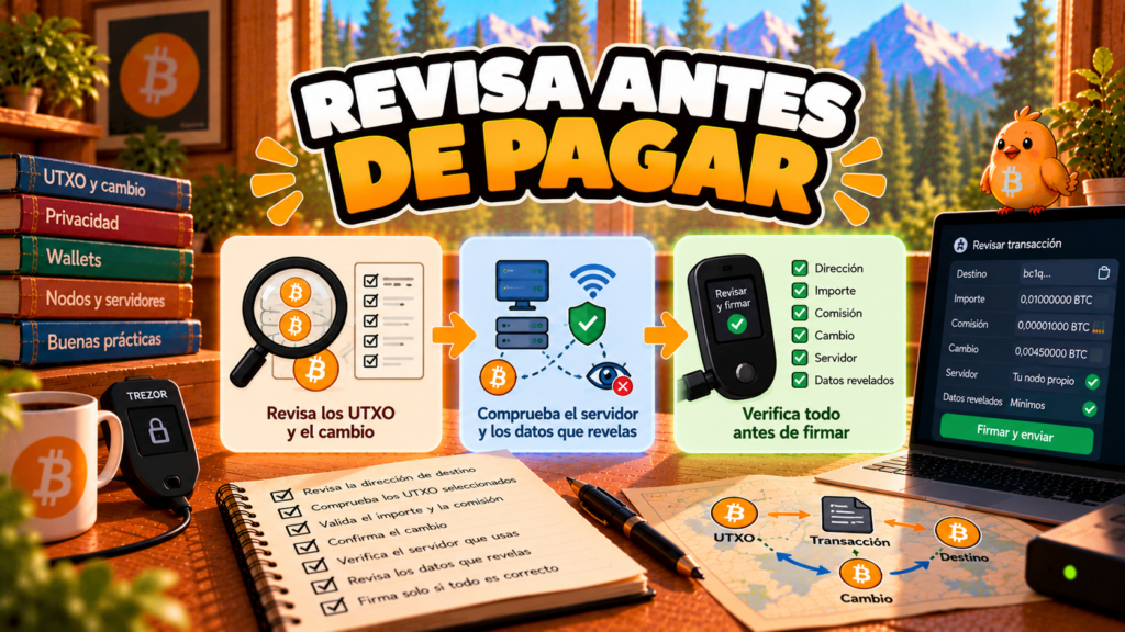 Pajarito revisa la privacidad de tu wallet Bitcoin antes de pagar: UTXO, cambio y firma.