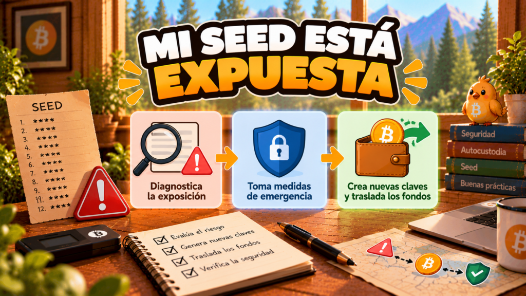 Ilustración de Pajarito advirtiendo sobre una seed Bitcoin expuesta y la necesidad de proteger las claves.