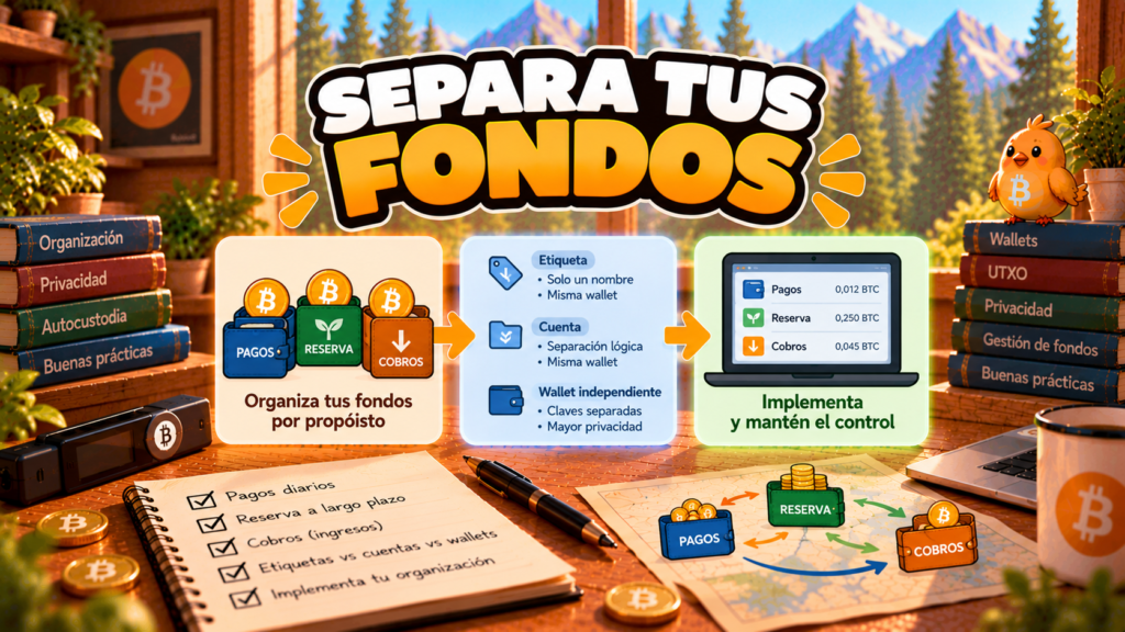 Ilustración de Pajarito sobre separar bitcoin para pagos cotidianos, reserva y cobros.