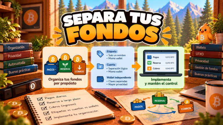 Ilustración de Pajarito sobre separar bitcoin para pagos cotidianos, reserva y cobros.
