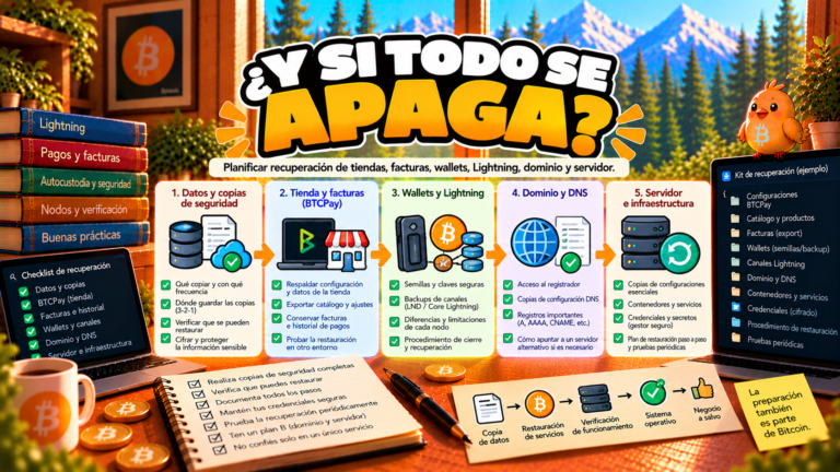 Pajarito explica qué componentes revisar para recuperar BTCPay Server después de una avería.