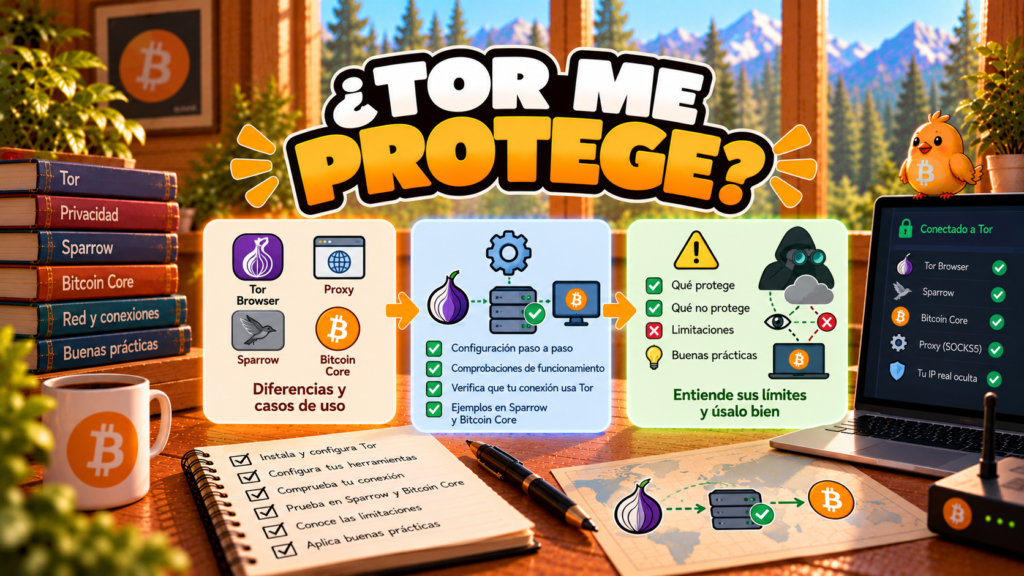 Ilustración de Pajarito explicando qué protege Tor al utilizar Bitcoin y cuáles son sus límites.