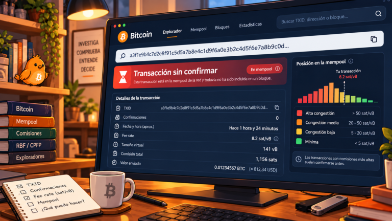 Ilustración de Pajarito sobre el diagnóstico de una transacción Bitcoin pendiente.