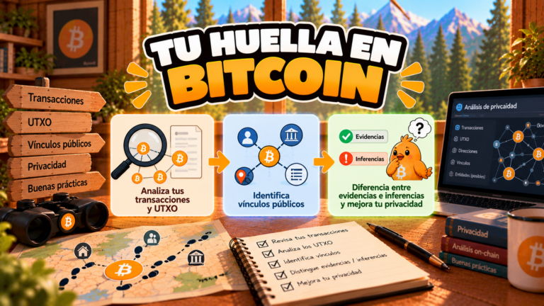 Ilustración de Pajarito sobre la huella pública que dejan las transacciones Bitcoin.