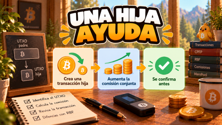 Pajarito muestra cómo una transacción hija puede ayudar a confirmar otra mediante CPFP.