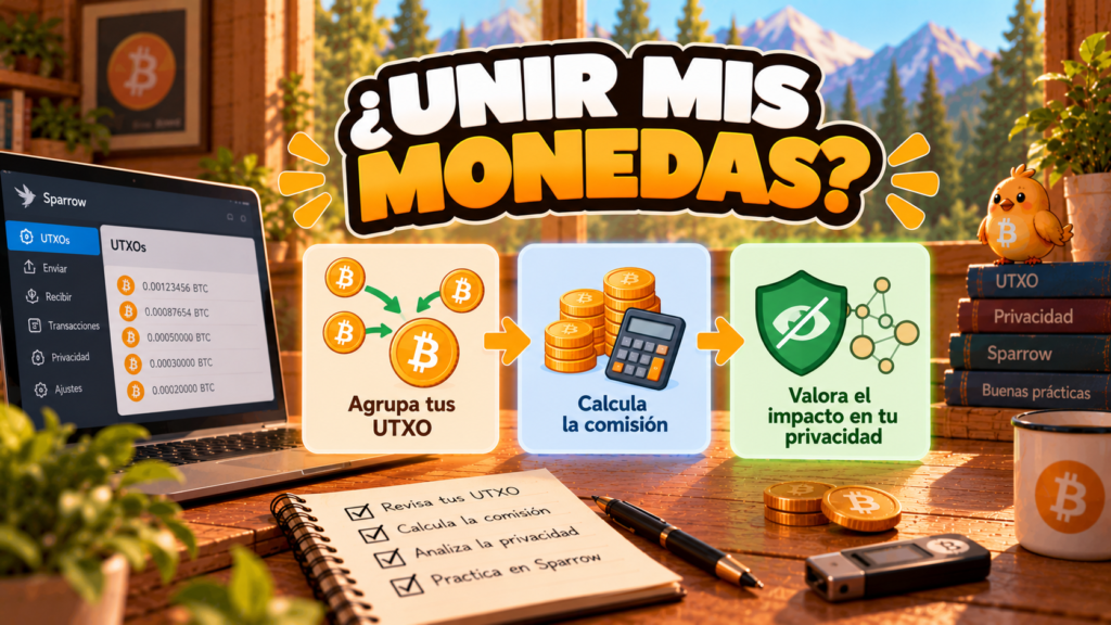 Ilustración de Pajarito sobre la consolidación de varios UTXO de Bitcoin y sus costes.