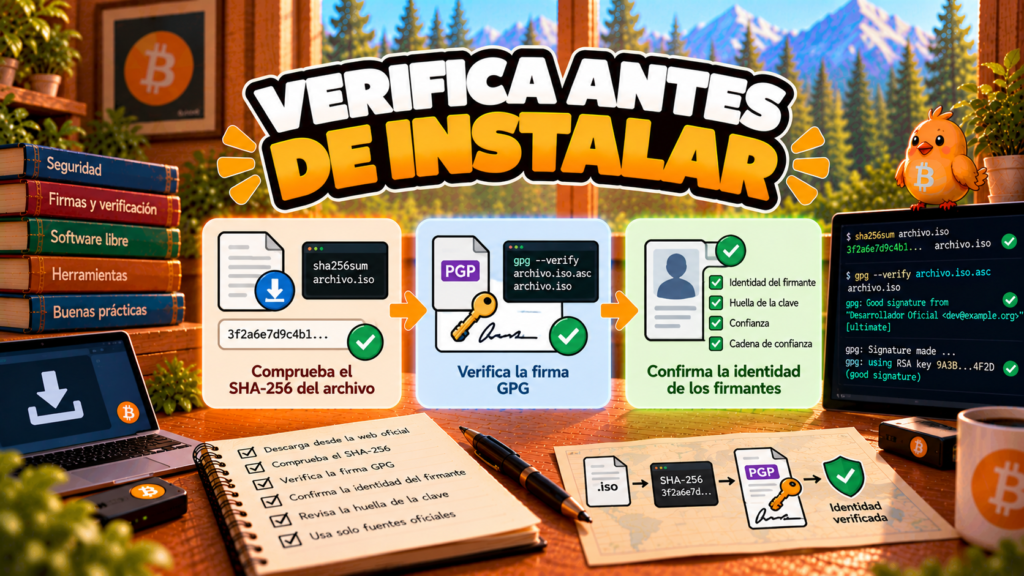 Pajarito explica cómo verificar una descarga de Bitcoin Core mediante SHA-256 y firmas digitales.