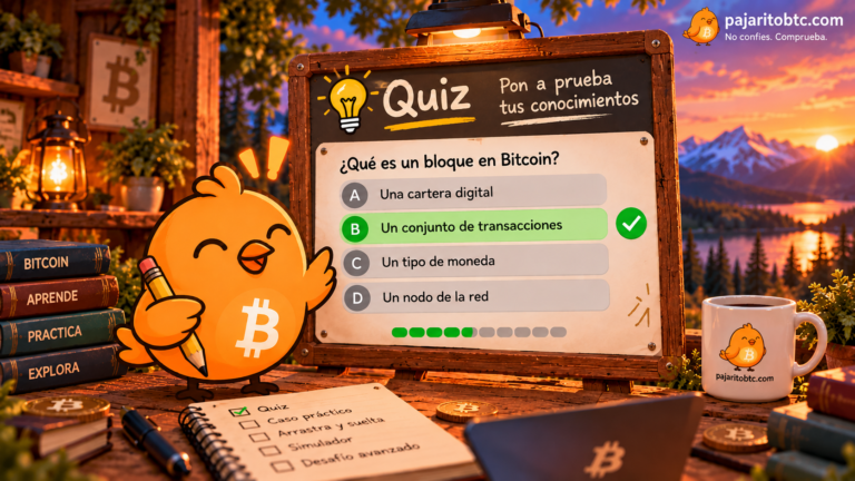 Pajarito junto a una pizarra con preguntas sobre Bitcoin: portada del Quiz de Bitcoin de PajaritoBTC.