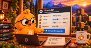 Pajarito ante un panel de control con deslizadores para simular una transacción de Bitcoin.